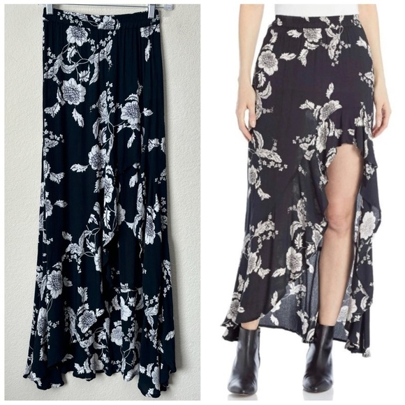 Billabong Boho Floral Print Ruffle Trim Front Slit Maxi Skirt - Picture 1 of 12